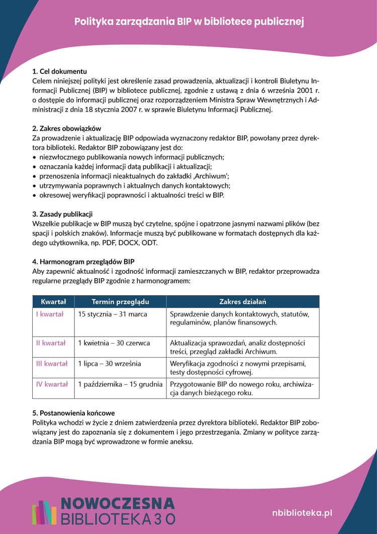 Polityka zarządzania BIP w bibliotece publicznej