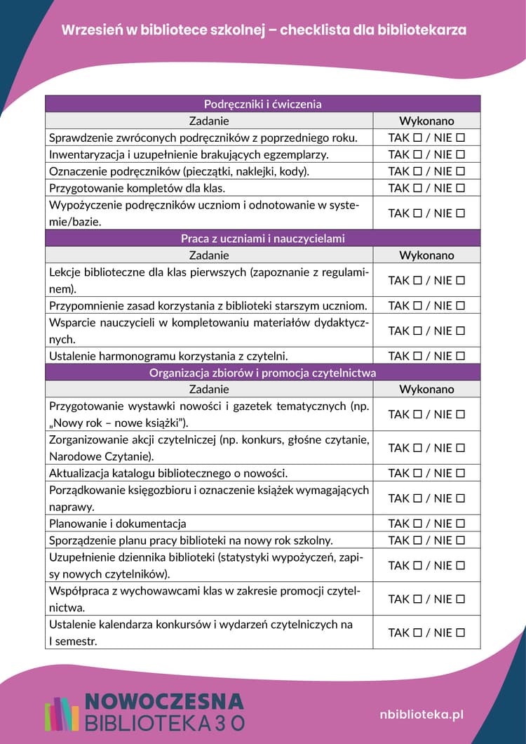 Wrzesień w bibliotece szkolnej – checklista dla bibliotekarza