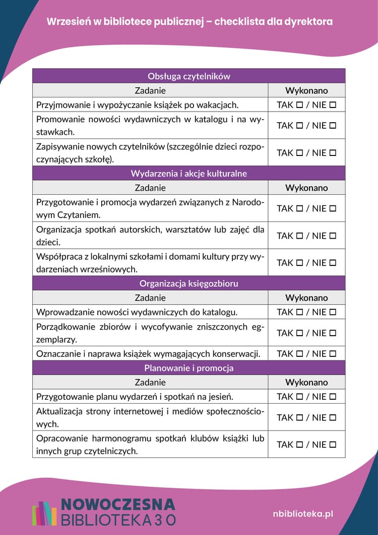Wrzesień w bibliotece publicznej – checklista dla dyrektora