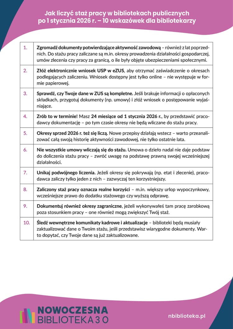Jak liczyć staż pracy w bibliotekach publicznych po 1 stycznia 2026 r. – 10 wskazówek dla bibliotekarzy