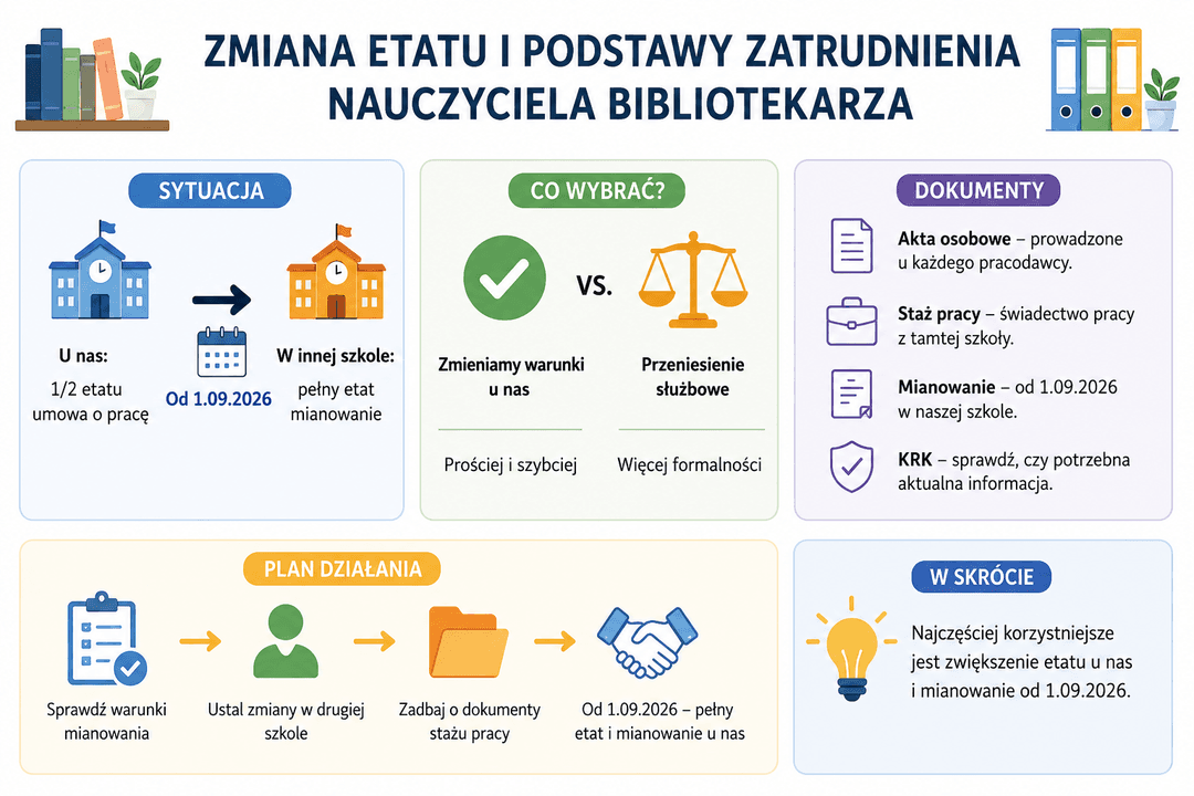 Zmiana wymiaru zatrudnienia nauczyciela bibliotekarza a akta osobowe, mianowanie i KRK